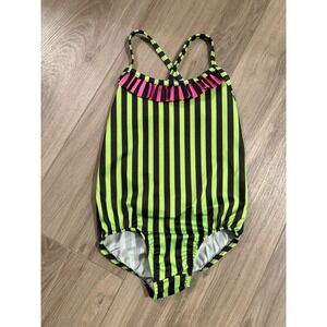 Vintage Candlesticks Girls Neon Green Black Striped Ruffle Swimsuit Size 6 USA